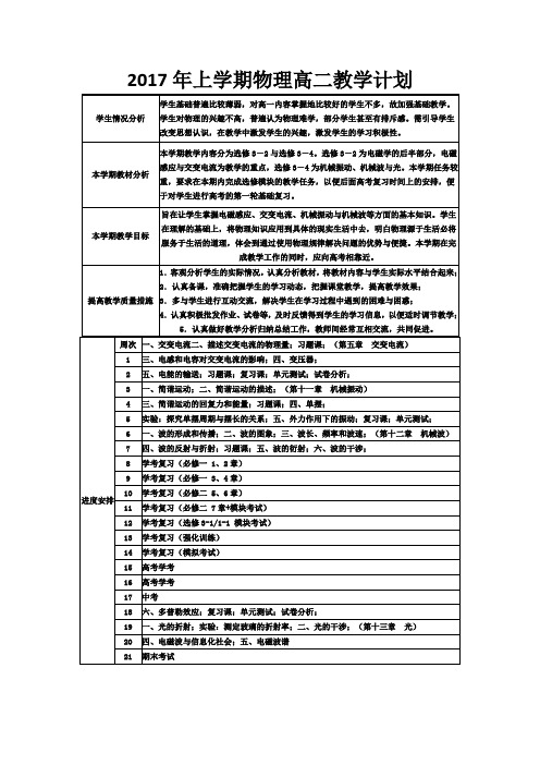 2017年上学期物理高二教学计划