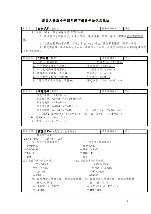 最新新版人教版小学四年级下册数学知识点总结