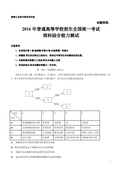 2016年北京理综高考试题(含答案)