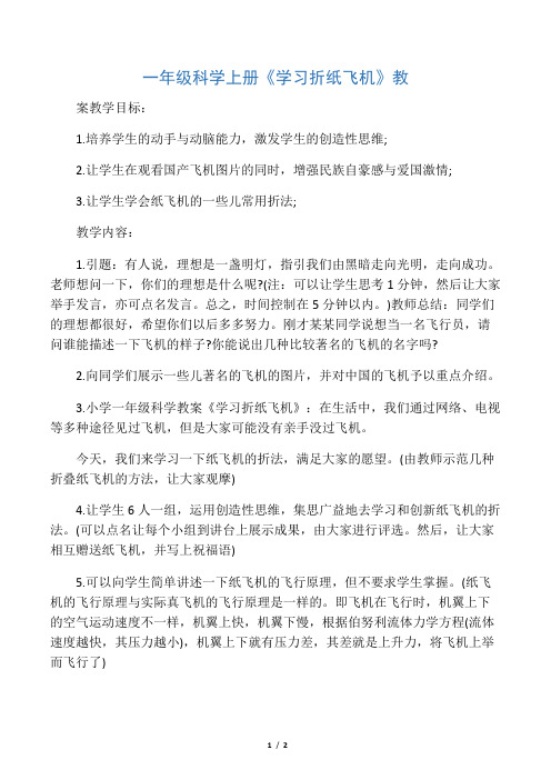 一年级科学上册《学习折纸飞机》教