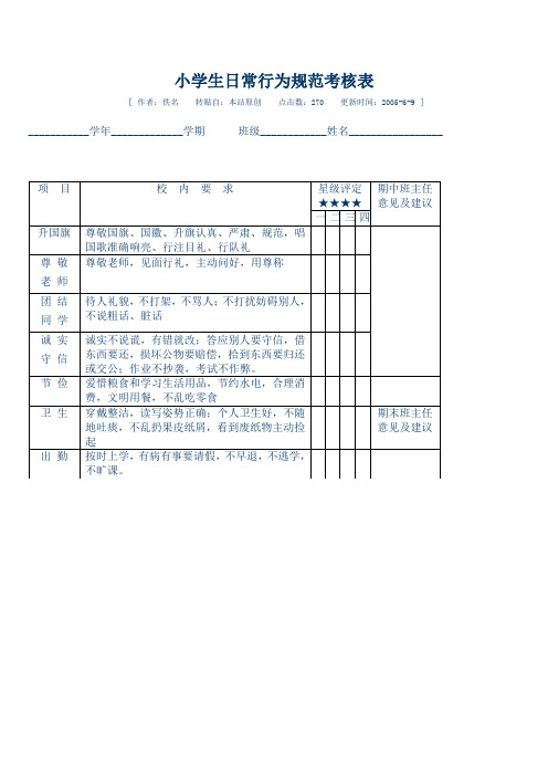 小学生日常行为规范考核表