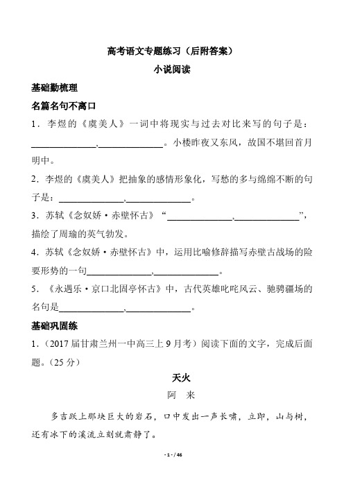 高考语文小说阅读专题练习高三复习后附答案解析