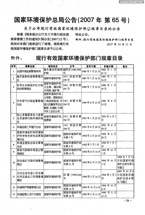 国家环境保护总局公告(2007年第65号)关于公布现行有效国家环境保护部门规章目录的公告