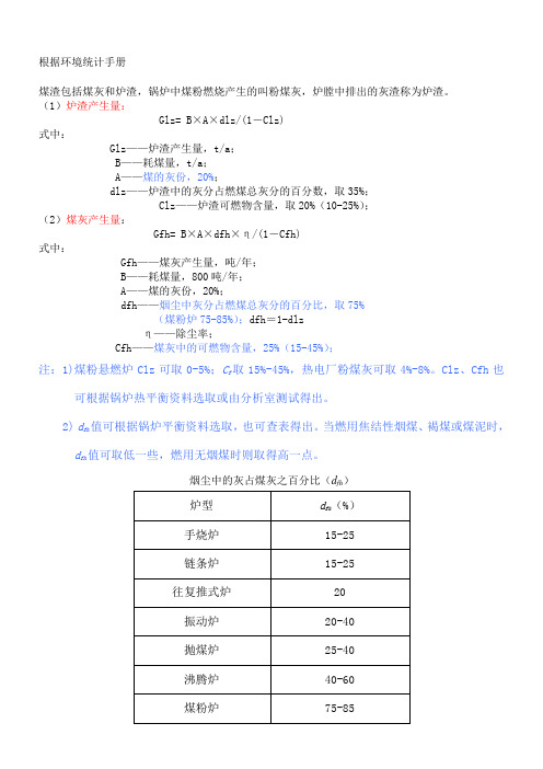 燃煤锅炉灰渣、烟气量、烟尘、二氧化硫的计算