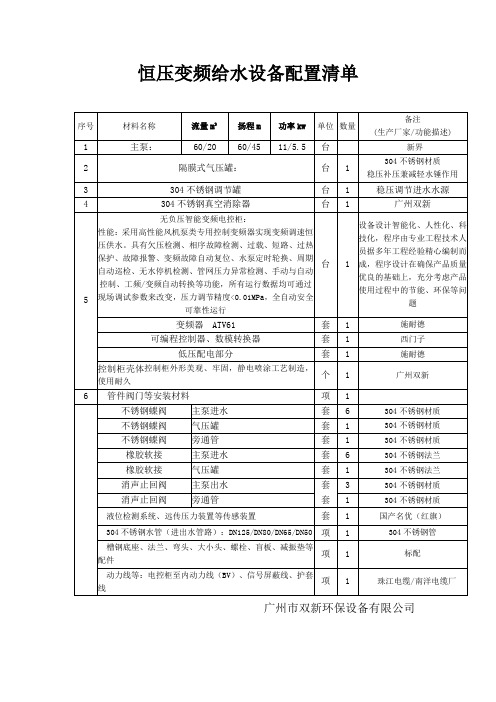 恒压变频给水设备配置清单