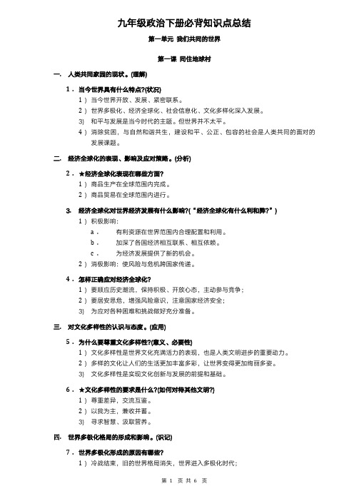 九年级政治下册必背知识点总结