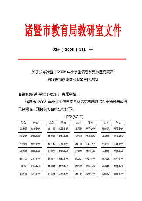 关于公布诸暨市2008年小学生信息学奥林匹克竞赛