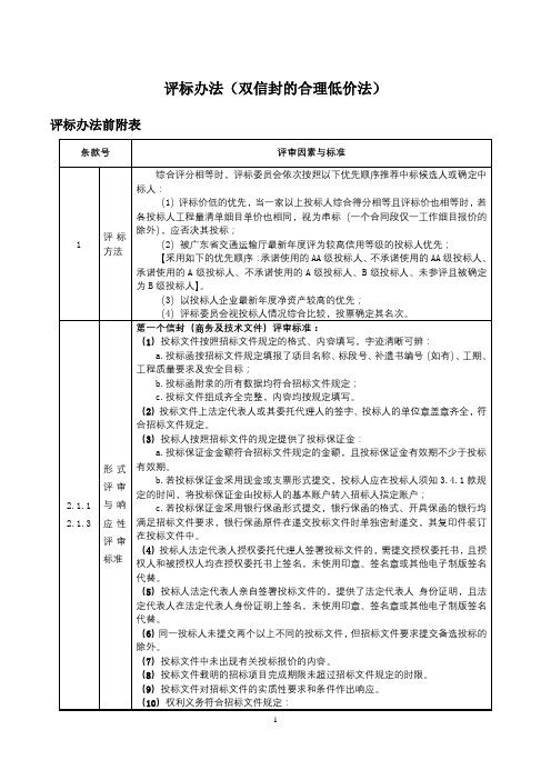 评标办法(双信封的合理低价法)【模板】