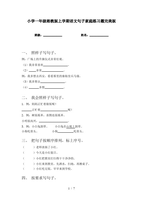 小学一年级湘教版上学期语文句子家庭练习题完美版