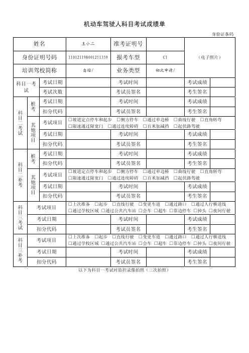 机动车驾驶人科目考试成绩单和机动车驾驶技能准考证明(样板)