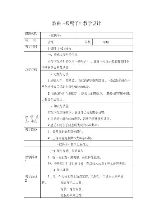 音乐课《数鸭子》教学设计教学提纲