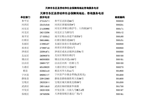 天津市各区县劳动和社会保障局地址、咨询服务电话