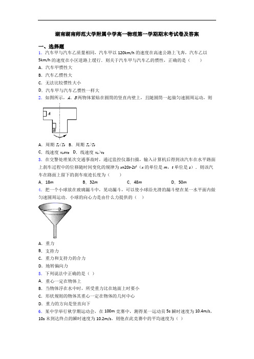 湖南湖南师范大学附属中学高一物理第一学期期末考试卷及答案