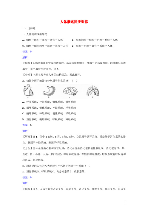 七年级生物下册 第八章第三节人体概述同步练习 苏教版