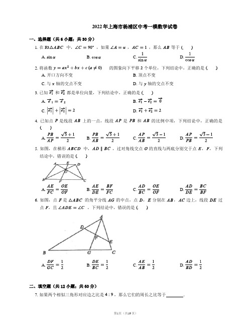 2022年上海市杨浦区中考一模数学试卷