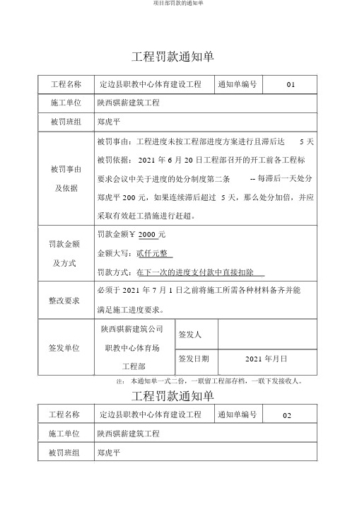 项目部罚款的通知单