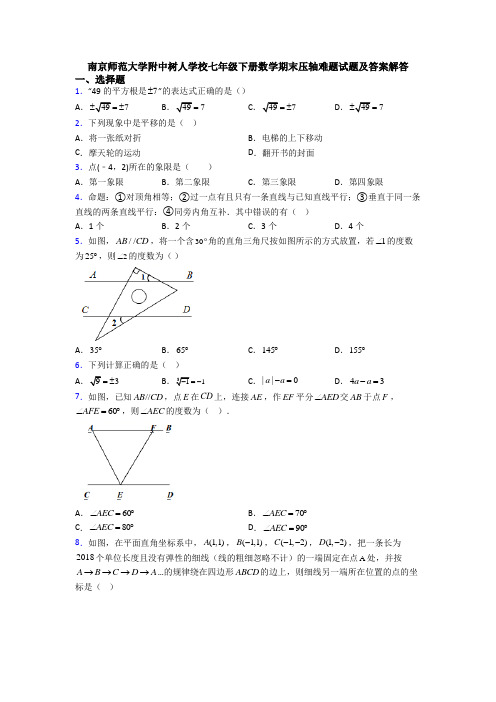 南京师范大学附中树人学校七年级下册数学期末压轴难题试题及答案解答