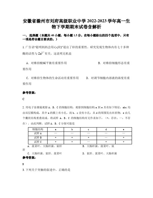 安徽省滁州市刘府高级职业中学2022-2023学年高一生物下学期期末试卷含解析