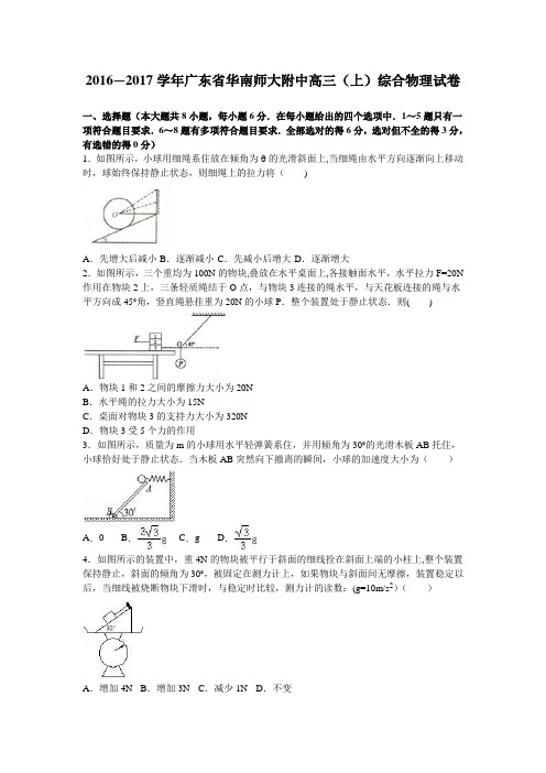 华南师大附中2017届高三上学期综合物理试卷 含解析