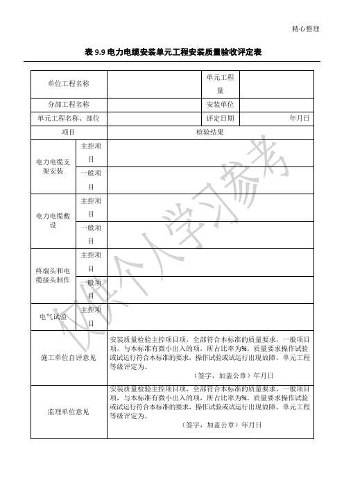 表9.9  电力电缆安装单元工程安装质量验收评定表