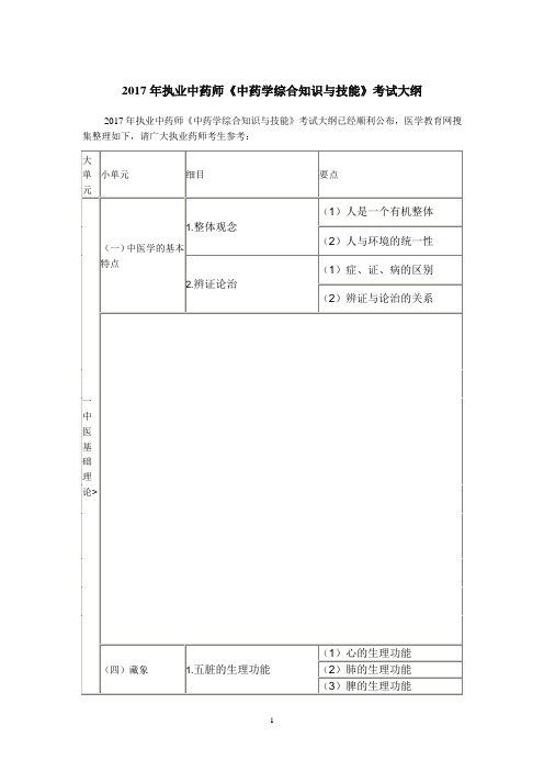 2017年执业中药师中药学综合知识与技能考试大纲