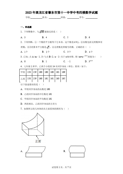 2023年黑龙江省肇东市第十一中学中考四模数学试题