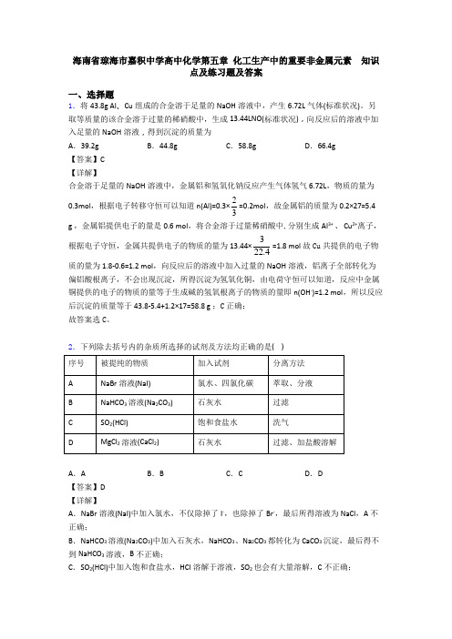 海南省琼海市嘉积中学高中化学第五章 化工生产中的重要非金属元素  知识点及练习题及答案