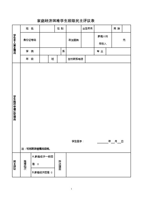 家庭经济困难学生班级民主评议表【模板】