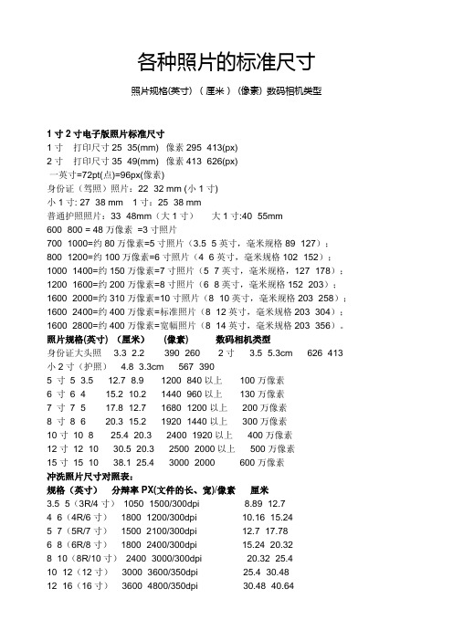 各种照片的标准尺寸