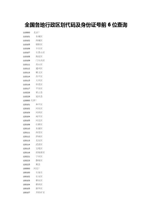 身份证前6位地区对照表