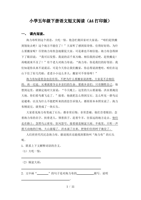 小学五年级下册语文短文阅读(A4打印版)