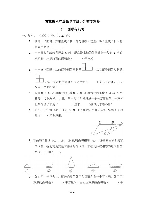 苏教版六年级数学下册小升初专项卷 图形与几何 附答案