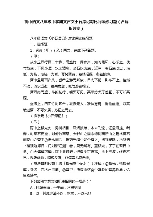 初中语文八年级下学期文言文小石潭记对比阅读练习题（含解析答案）