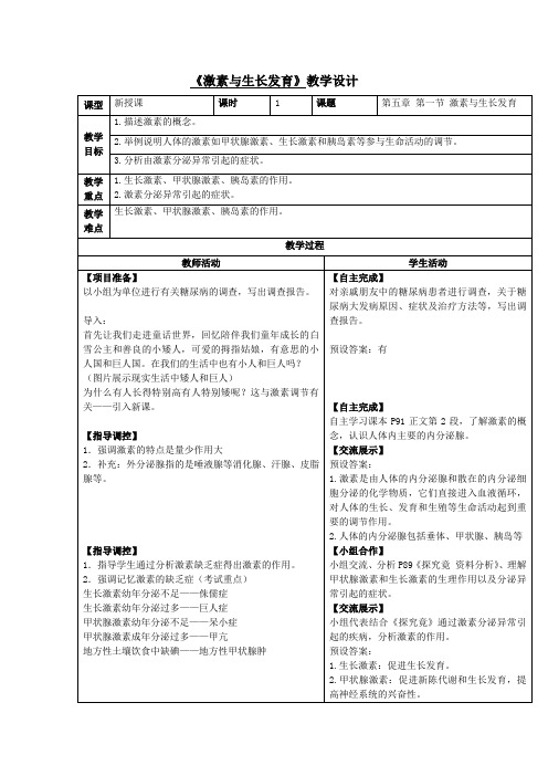 2019年春冀少版七年级下册生物 5.1 激素与生长发育 教学设计