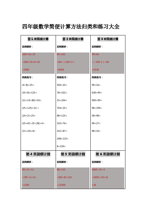 小学四年级数学上下册整数简便计算方法归类和练习大全