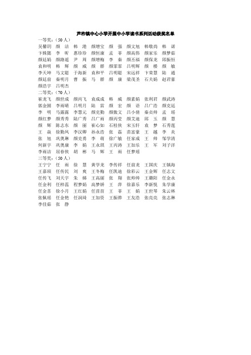 芦柞镇中心小学开展中小学读书系列活动获奖名单
