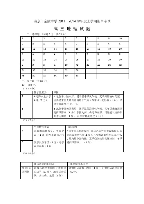 金陵中学2013-2014学年度第一学期期中考试高三地理答案