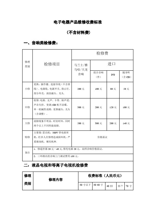 电子电器产品维修收费标准