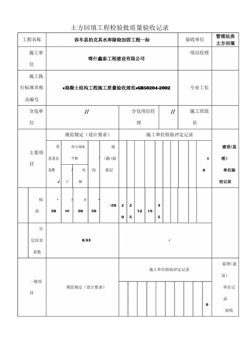 土方回填工程检验批质量验收记录表38715