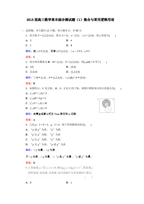 2013届高三人教A版数学章末综合测试题(1)集合与常用逻辑用语