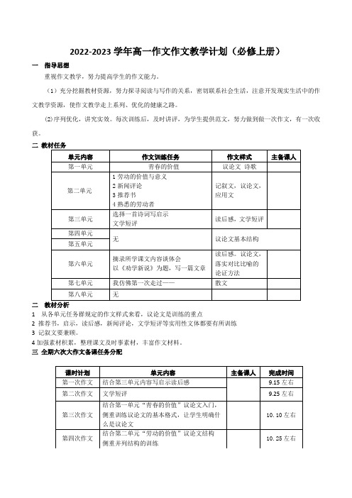 (统编版必修上册)高一语文作文同步讲解训练教案2022-2023学年高一作文作文教学计划