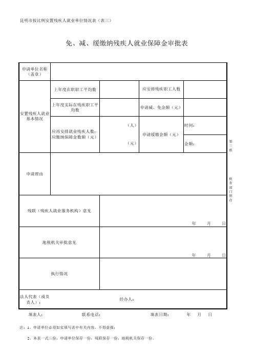 昆明市按比例安置残疾人就业单位情况表三免减缓缴纳残疾人就业保障金审批表