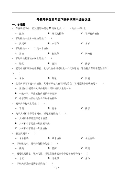 粤教粤科版四年级下册科学期中综合训练