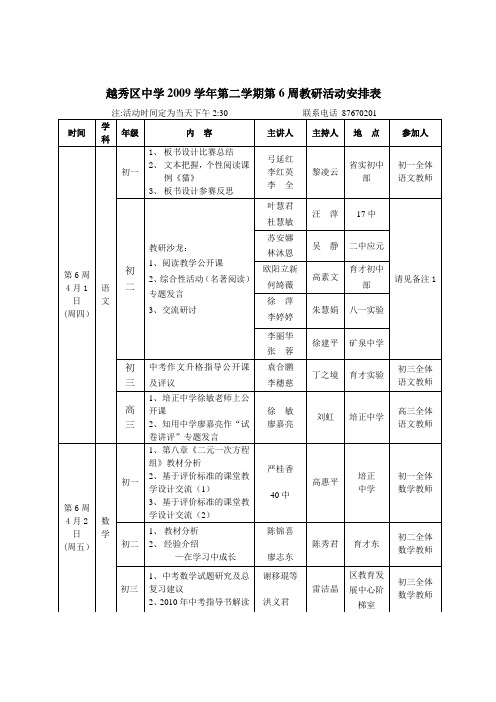 越秀区中学2009学年第二学期第6周教研活动安排表