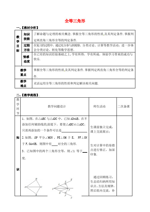 山东省郯城县红花镇2018届中考数学专题复习 专题五 三角形与四边形(18-3)全等三角形教案