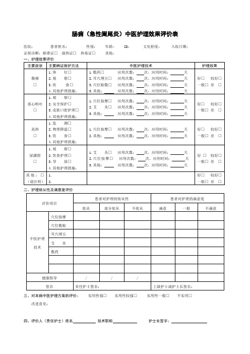 肠痈(急性阑尾炎)中医护理效果评价表