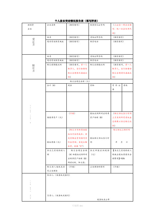 个人股东变动情况报告表(样表)