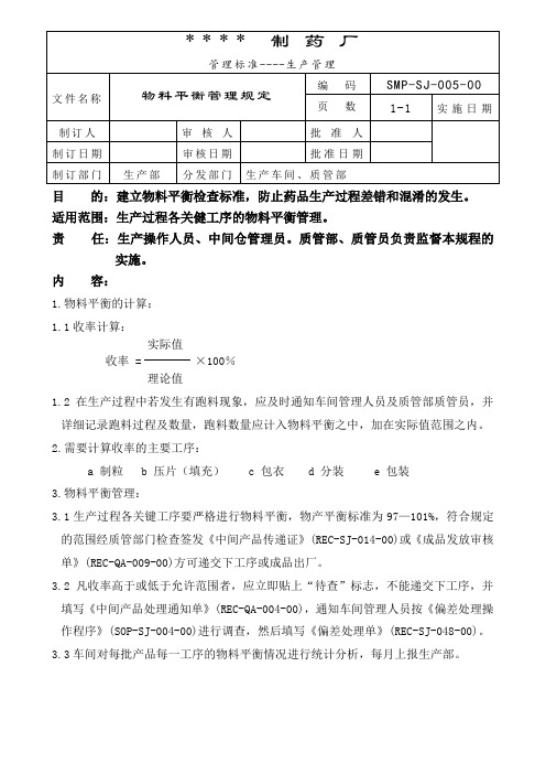 005-物料平衡管理规定 GMP工艺规程及标准操作程序的制订与审核规定