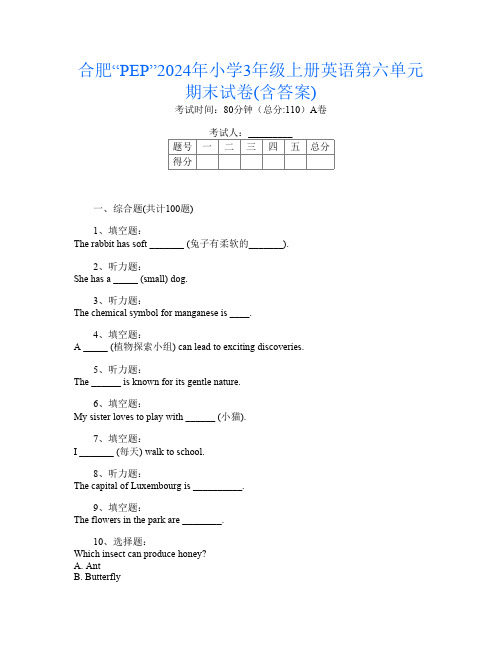 合肥“PEP”2024年小学3年级上册第12次英语第六单元期末试卷(含答案)