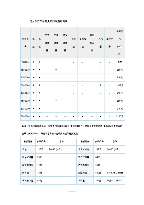 一汽大众汽车保养具体的周期和内容